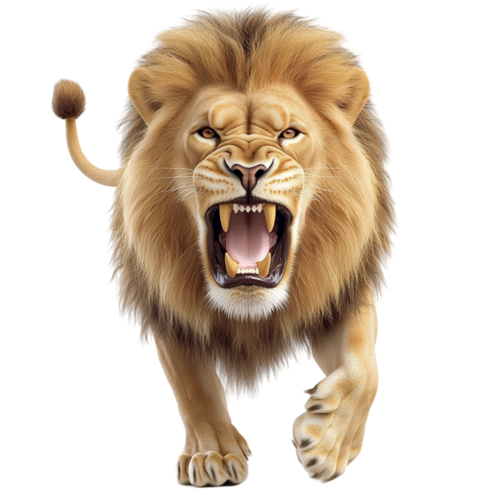 Roaring lion shows sharp teeth with a flowing golden mane png