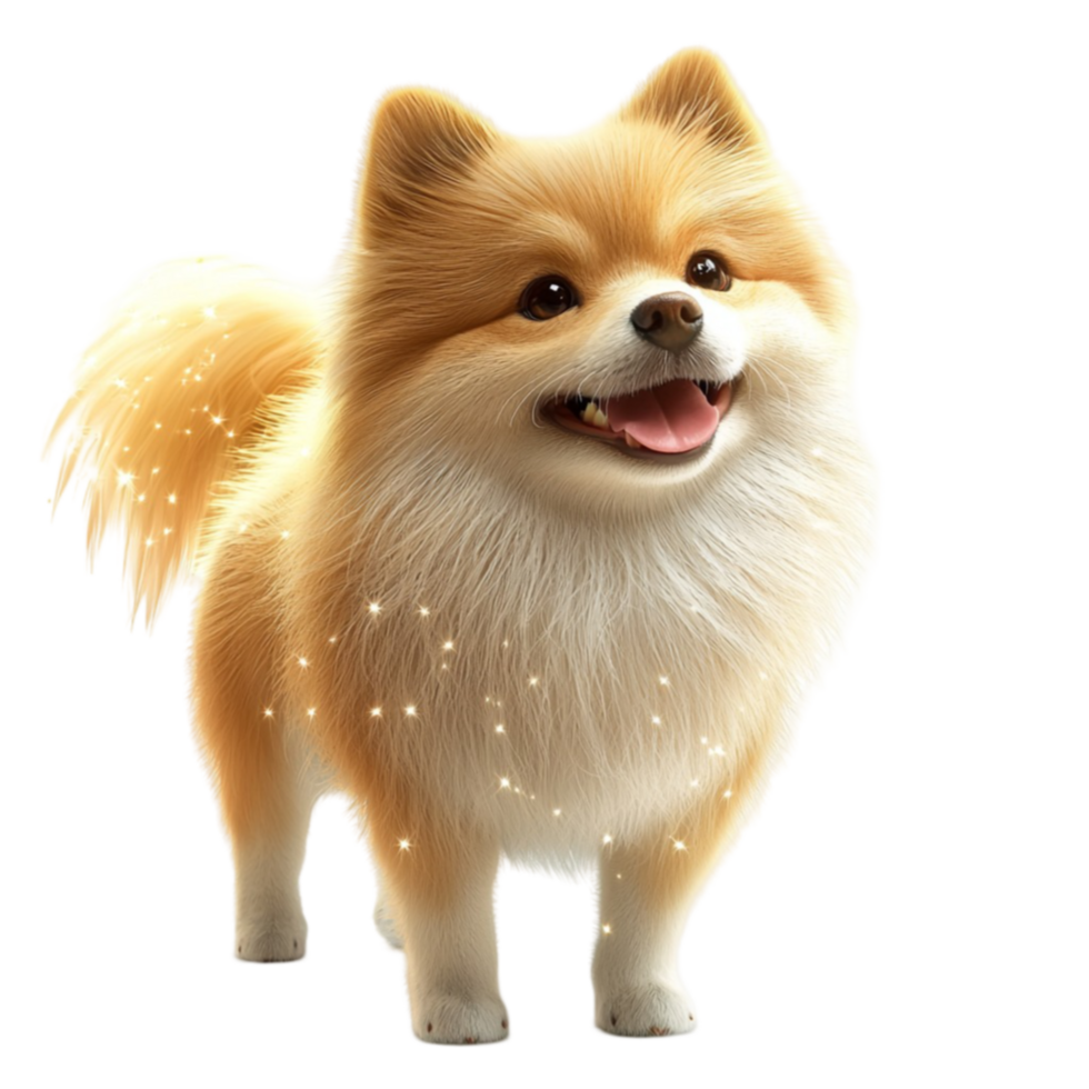 Fluffy Pomeranian dog stands happily with eyes and a wagging tail png