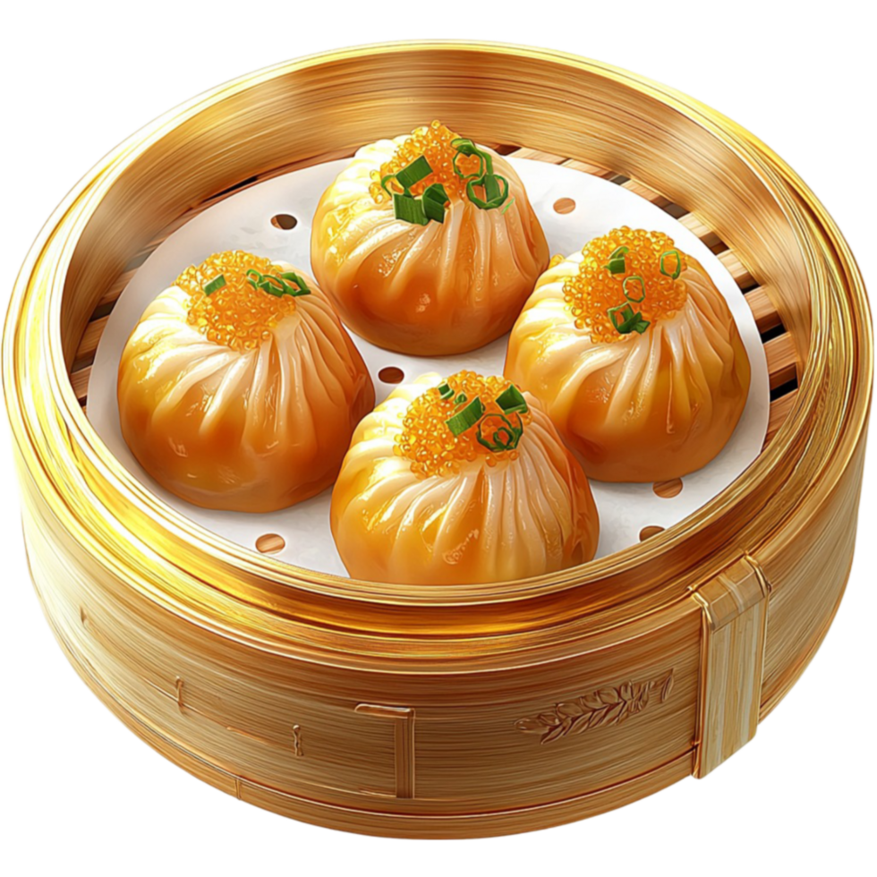 Wooden steamer basket holds ly made dim sum with a garnish on top png