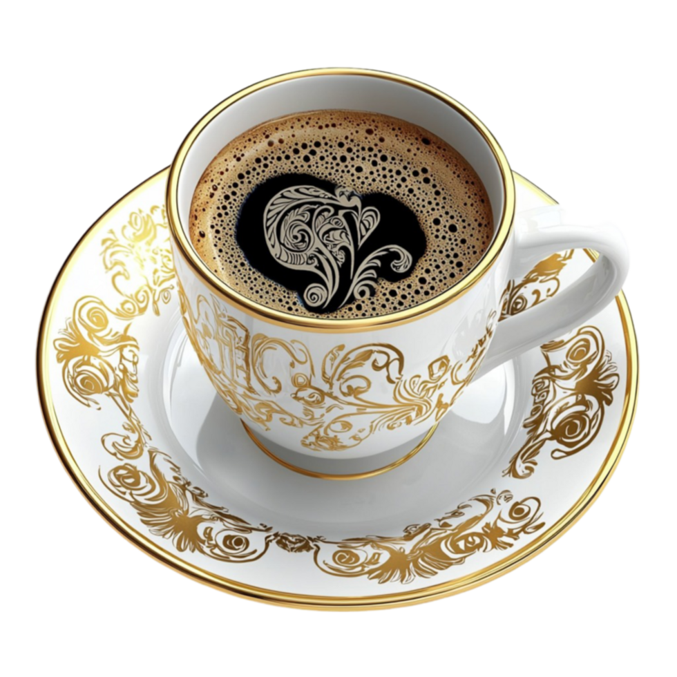 coffee cup with gold patterns is filled with rk black coffee png