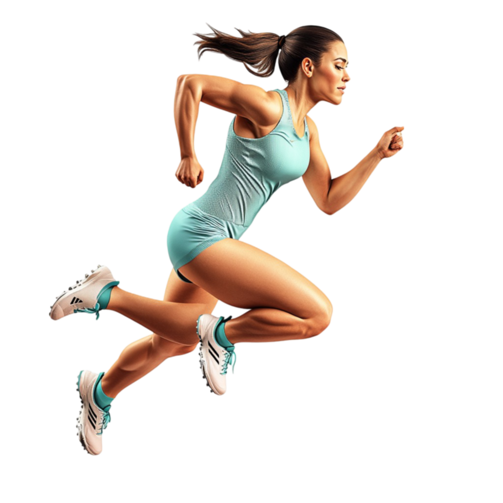 Female athlete is midsprint with strong muscles and a determined expression png