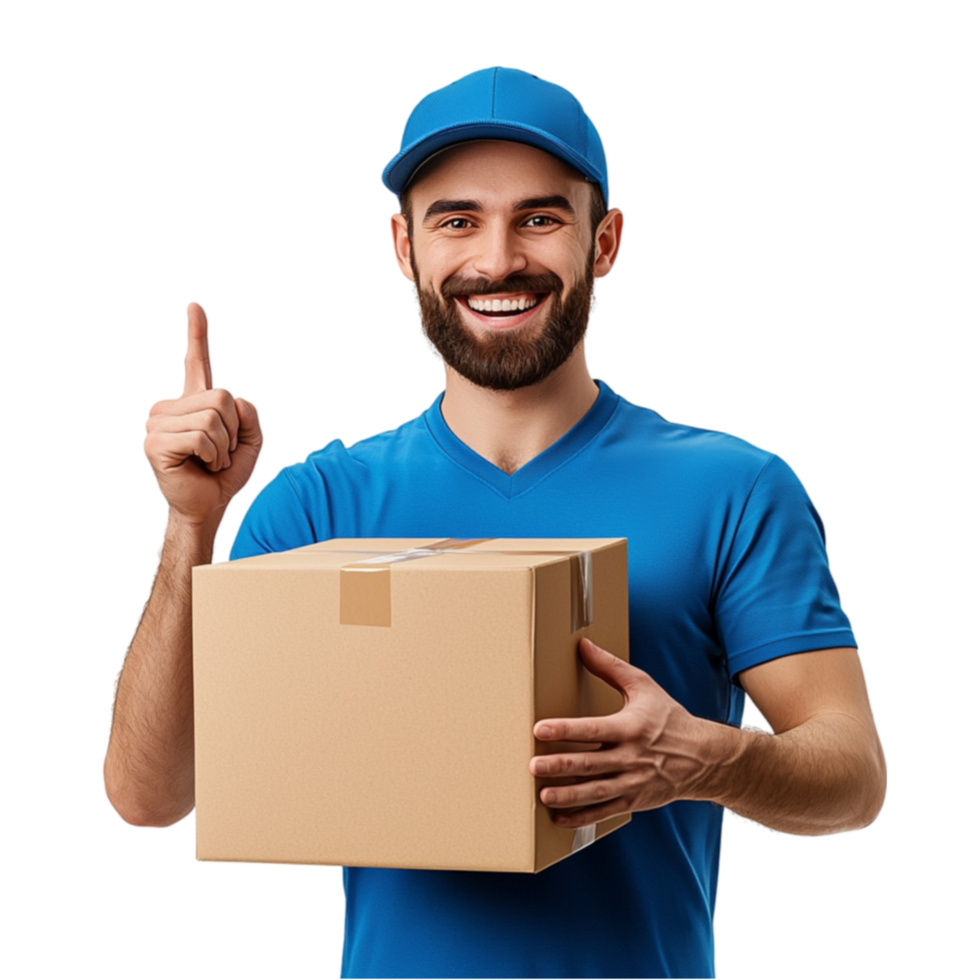 Smiling delivery man in a blue uniform holds a cardboard box png