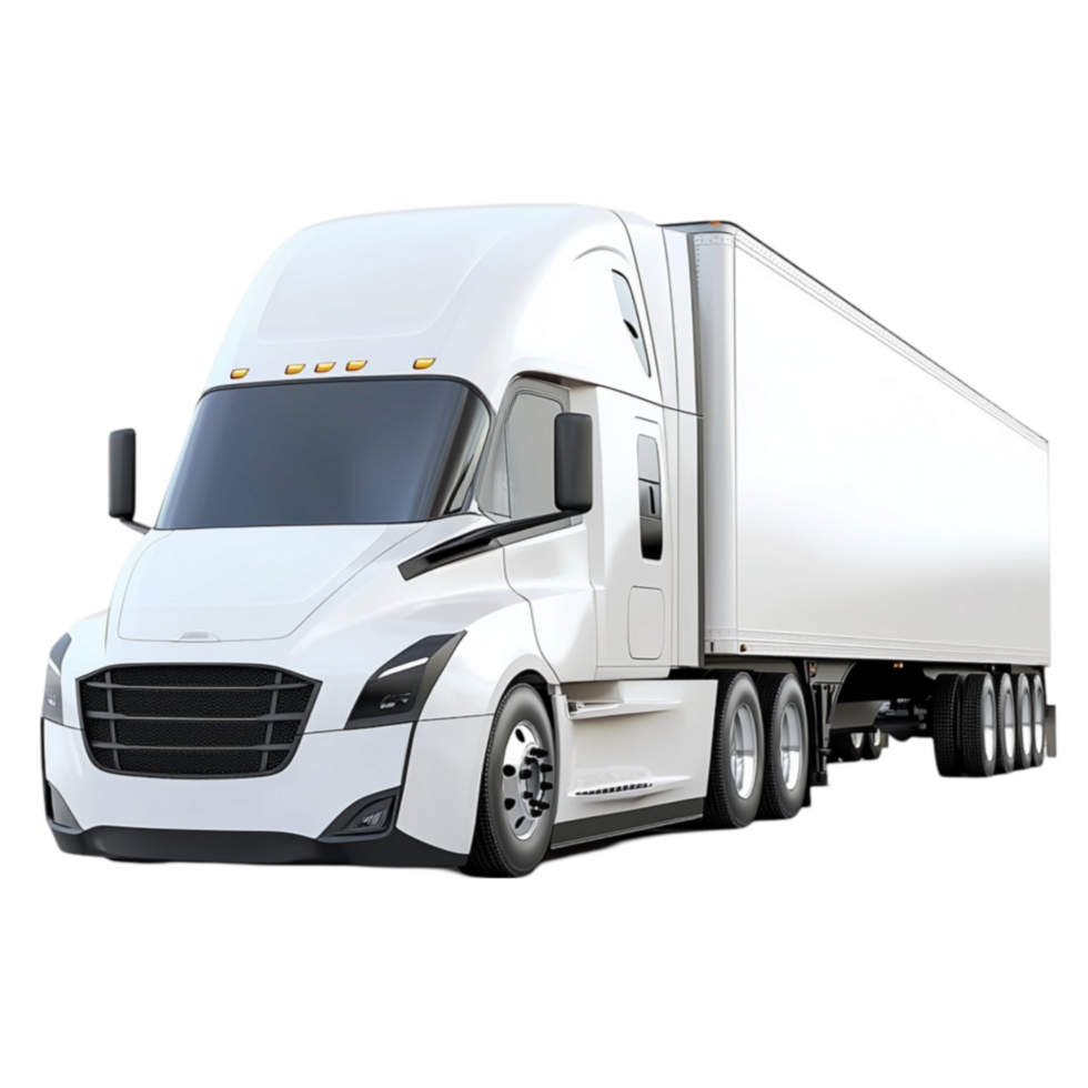 White semitruck with a streamlined design moves forward on an open road png