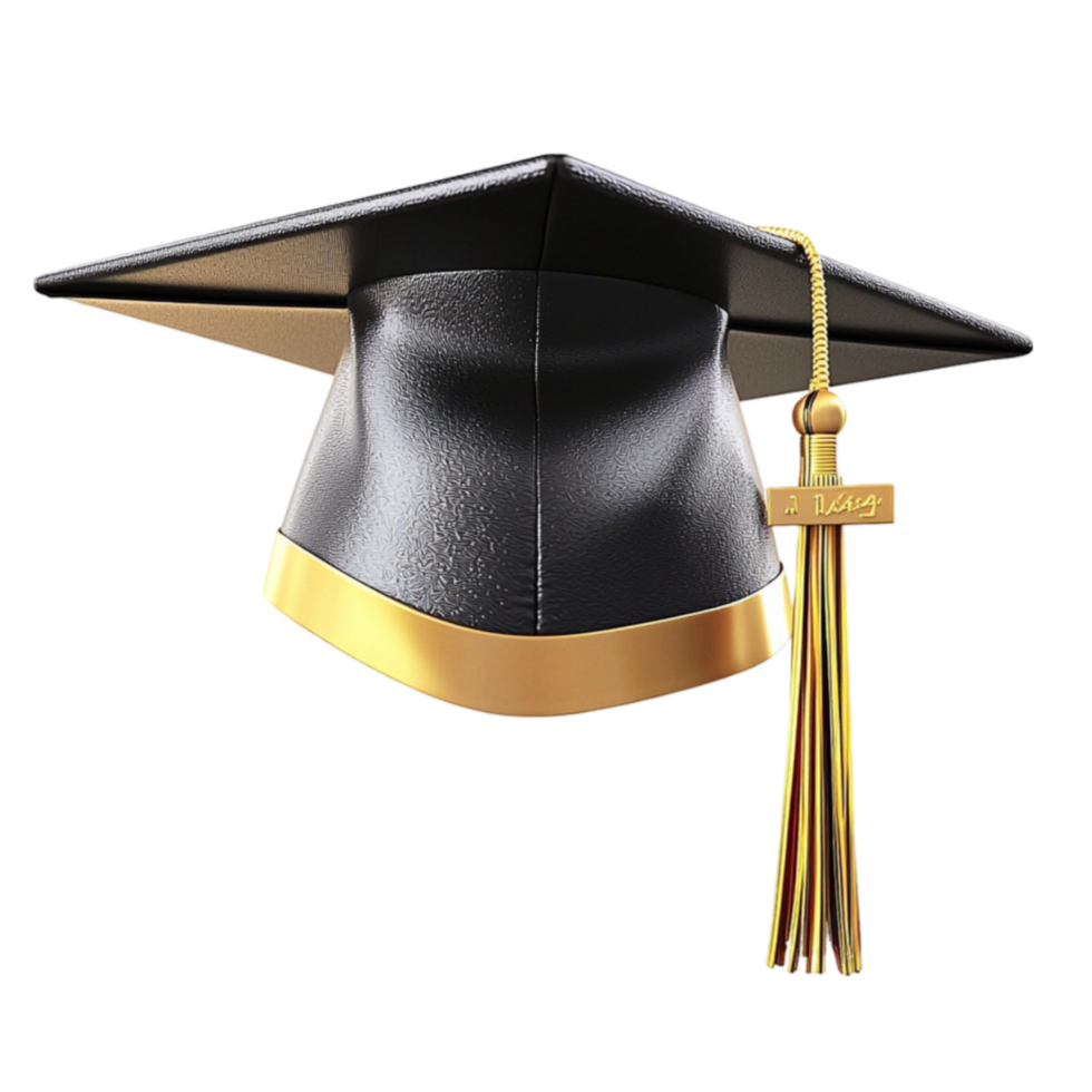 Black graduation cap with a golden tassel sits at an angle png