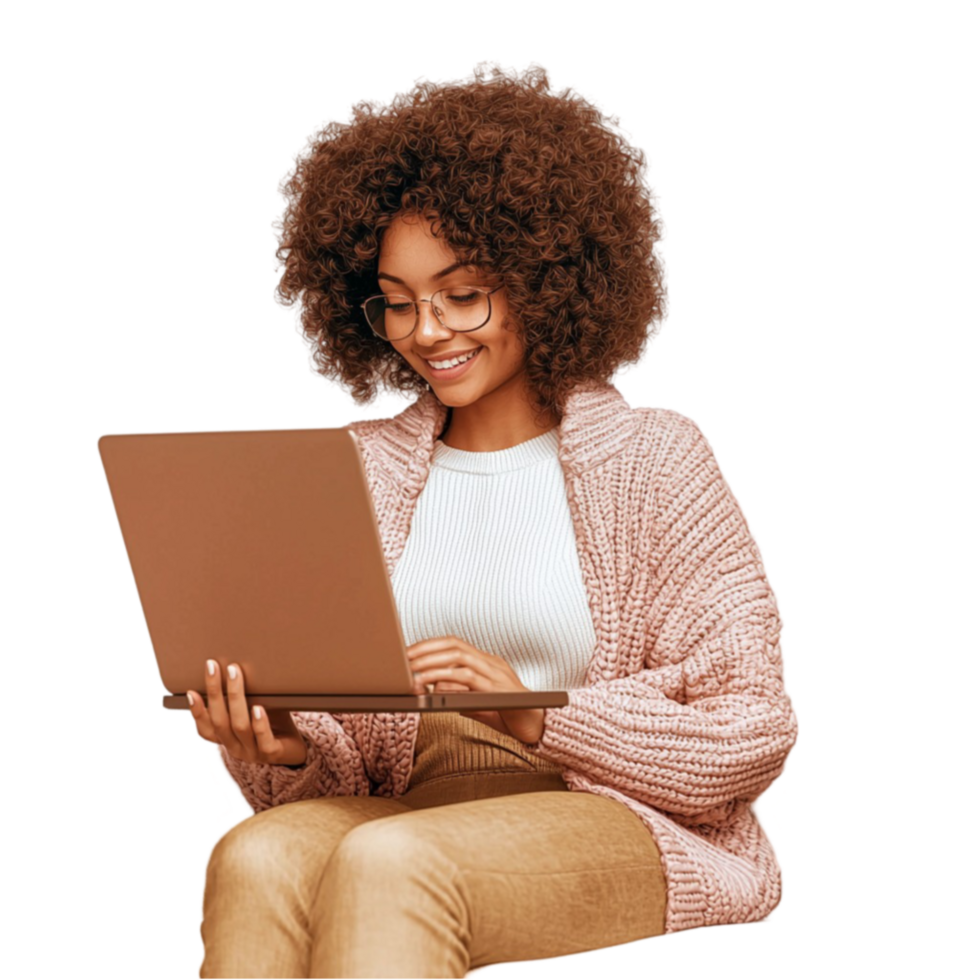 Smiling woman with curly hair sits comfortably while using a laptop png