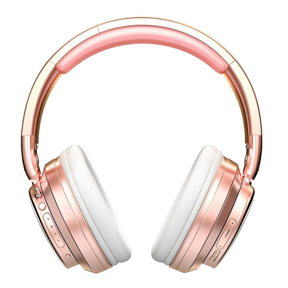 Sleek rose gold and white headphones rest with a and cushioned design png