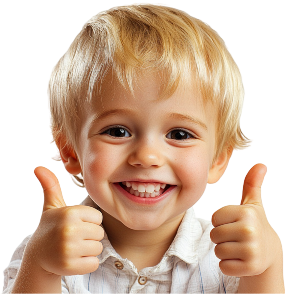 Young blondehaired boy gives two enthusiastic thumbs up with a big smile png