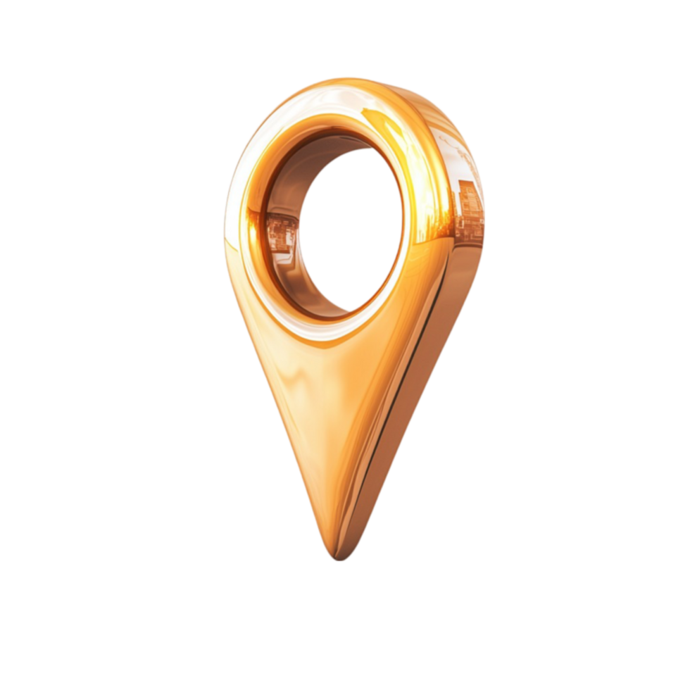 Golden location pin with a reflective surface floats in miir png