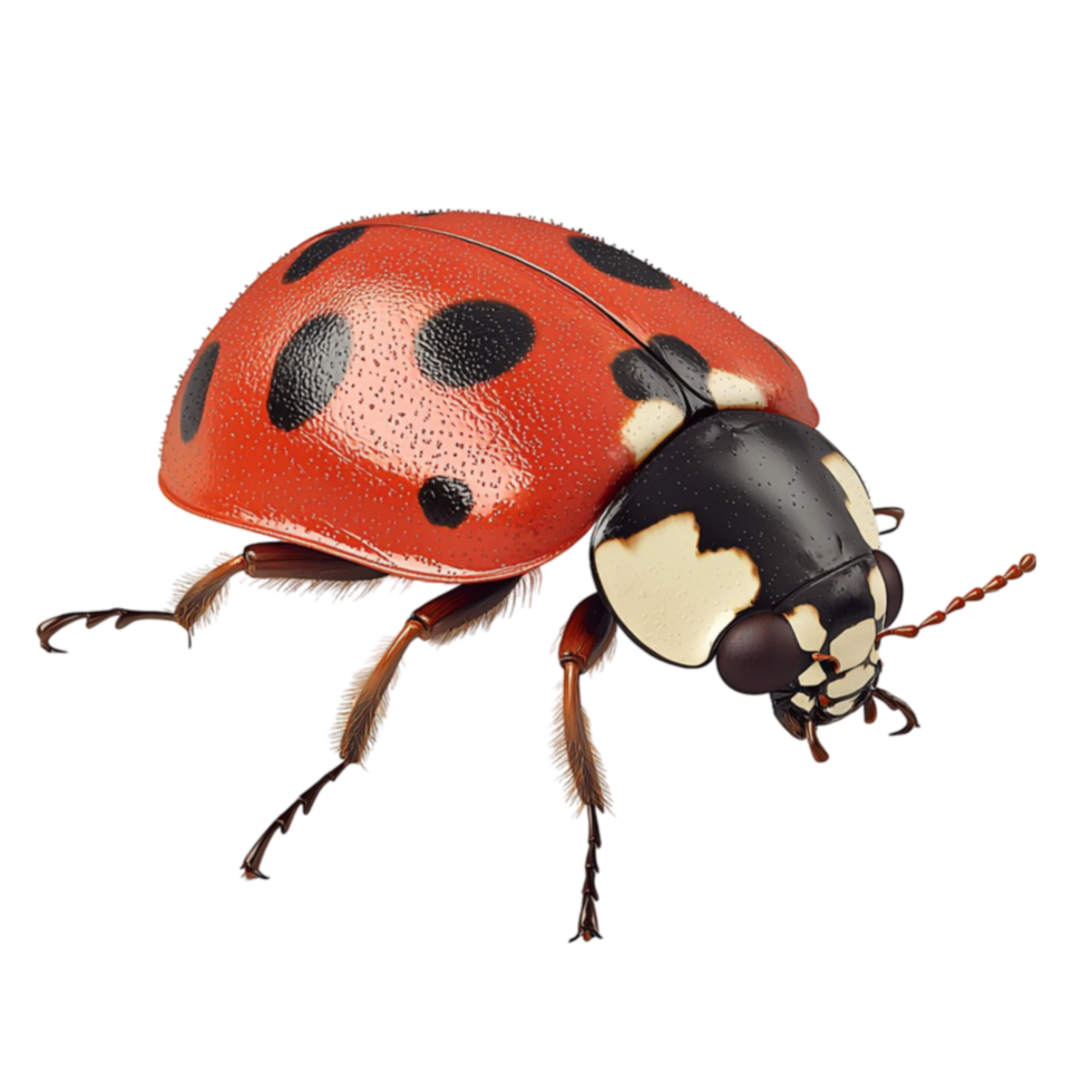 red ladybug crawls forward with black spots on its glossy shell png