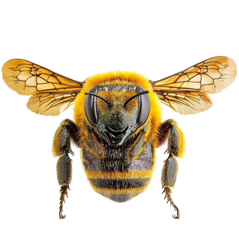 Fuzzy bumblebee with golden wings hovers with a focused gaze png