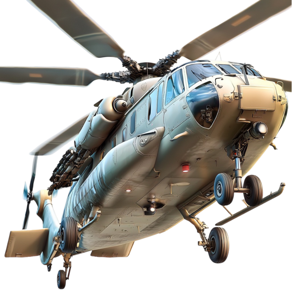 Military helicopter with a blue camouflage pattern hovers in miir png