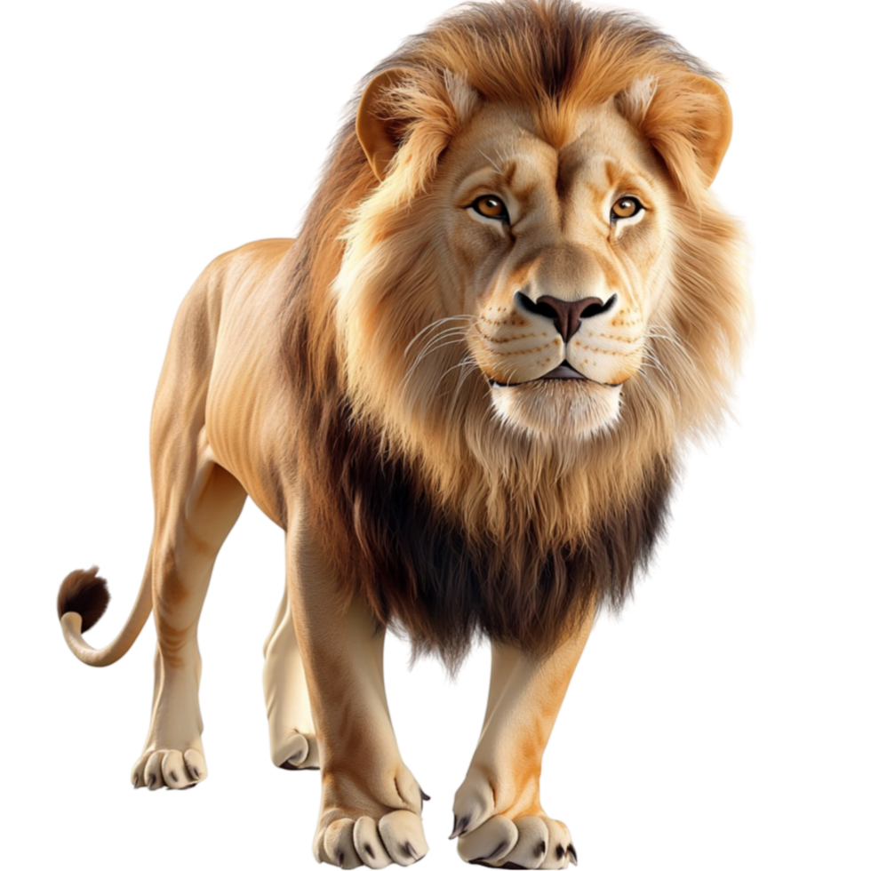 Majestic lion with a thick mane stands proudly with piercing eyes png