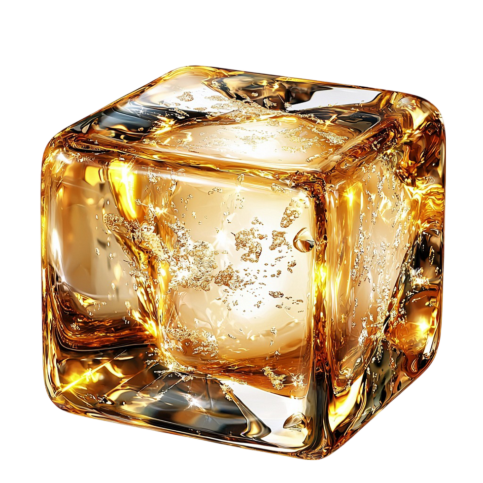 ice cube with golden reflections melts with a glossy surface png