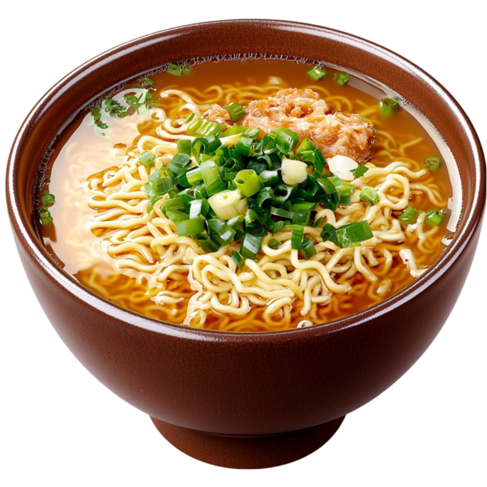 Steaming bowl of ramen with green onions sits on a wooden table png