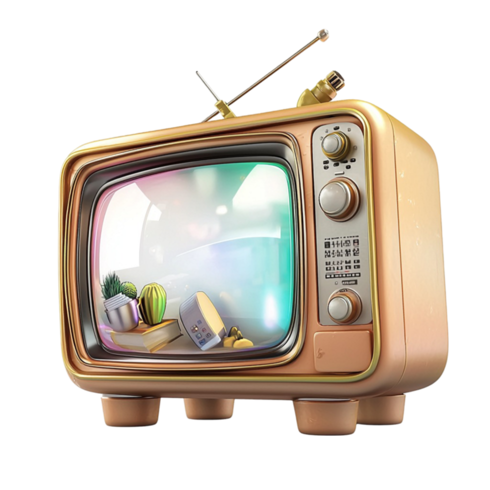 Retro television with an antenna displays a nostalgic scene png