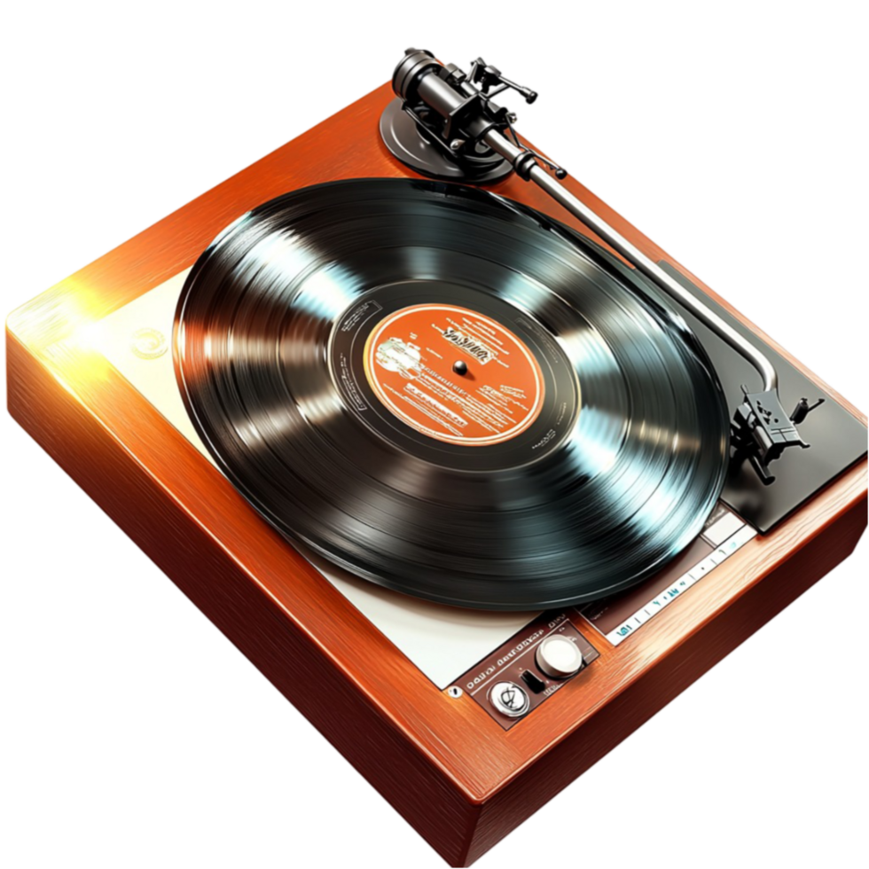 Vinyl record player with a wooden base spins a black disc png