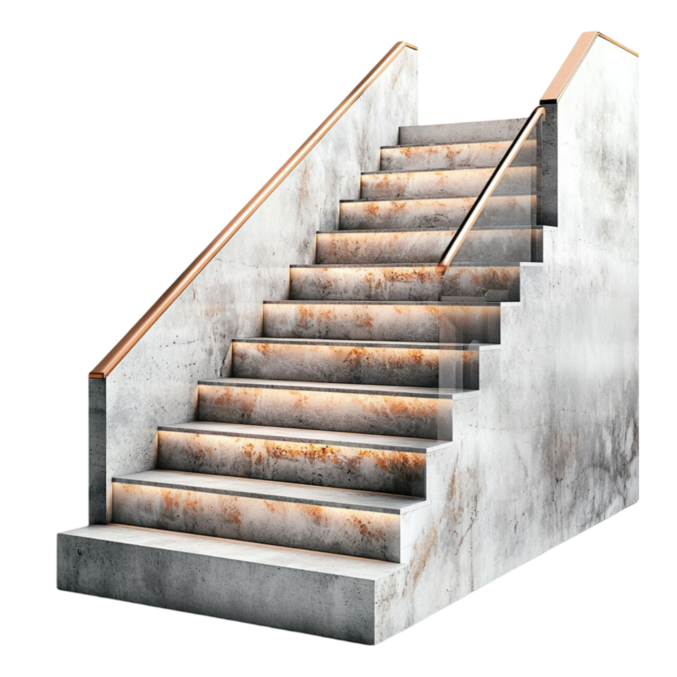 Concrete staircase with wooden railings ascends with a wornout texture png