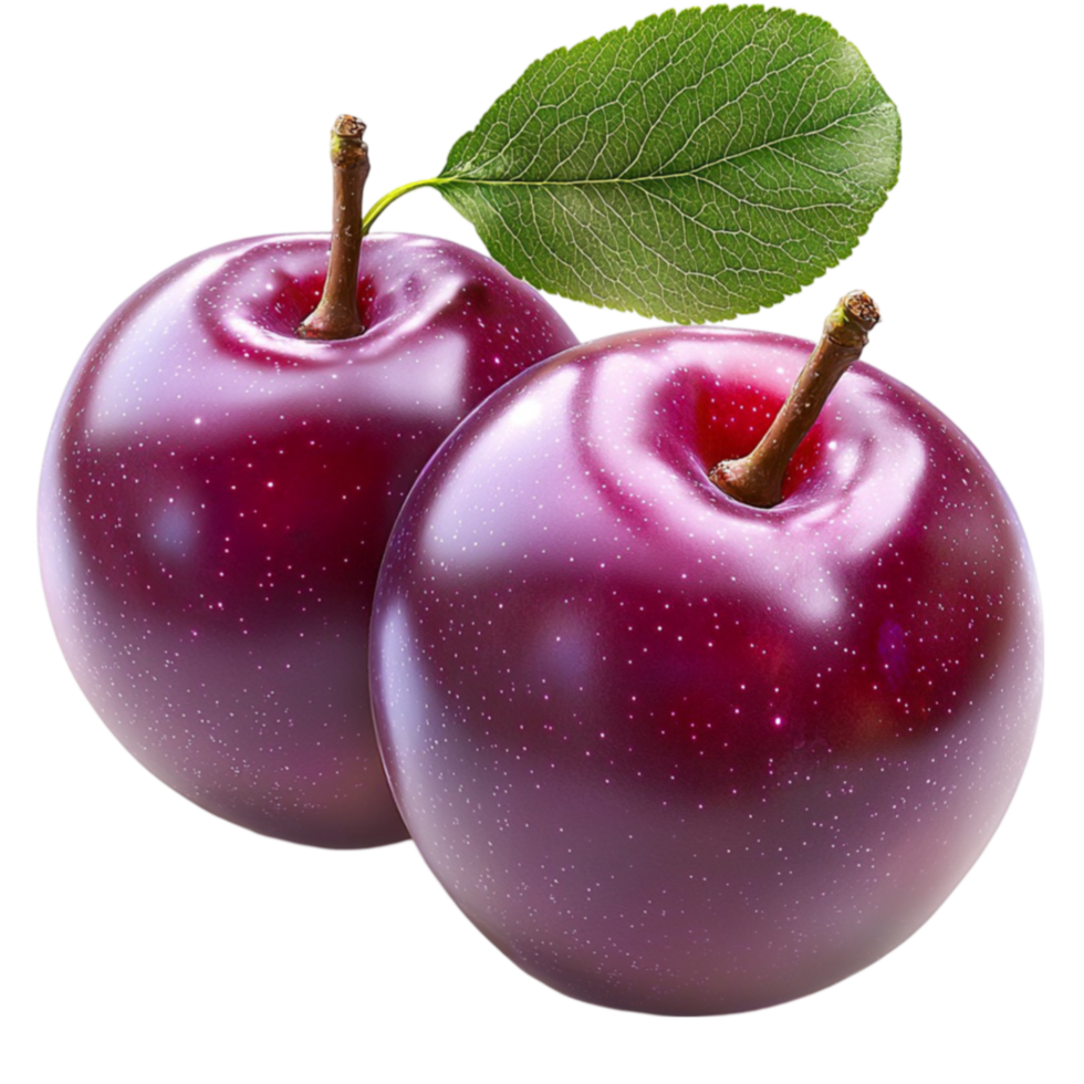 Juicy purple plums with a green leaf glisten with ness png