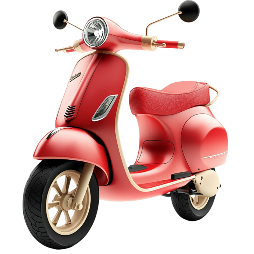 Red vintage scooter with a glossy finish is parked at an angle png
