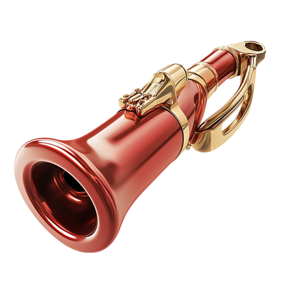 brass and red bugle with detailed engravings rests on its side png