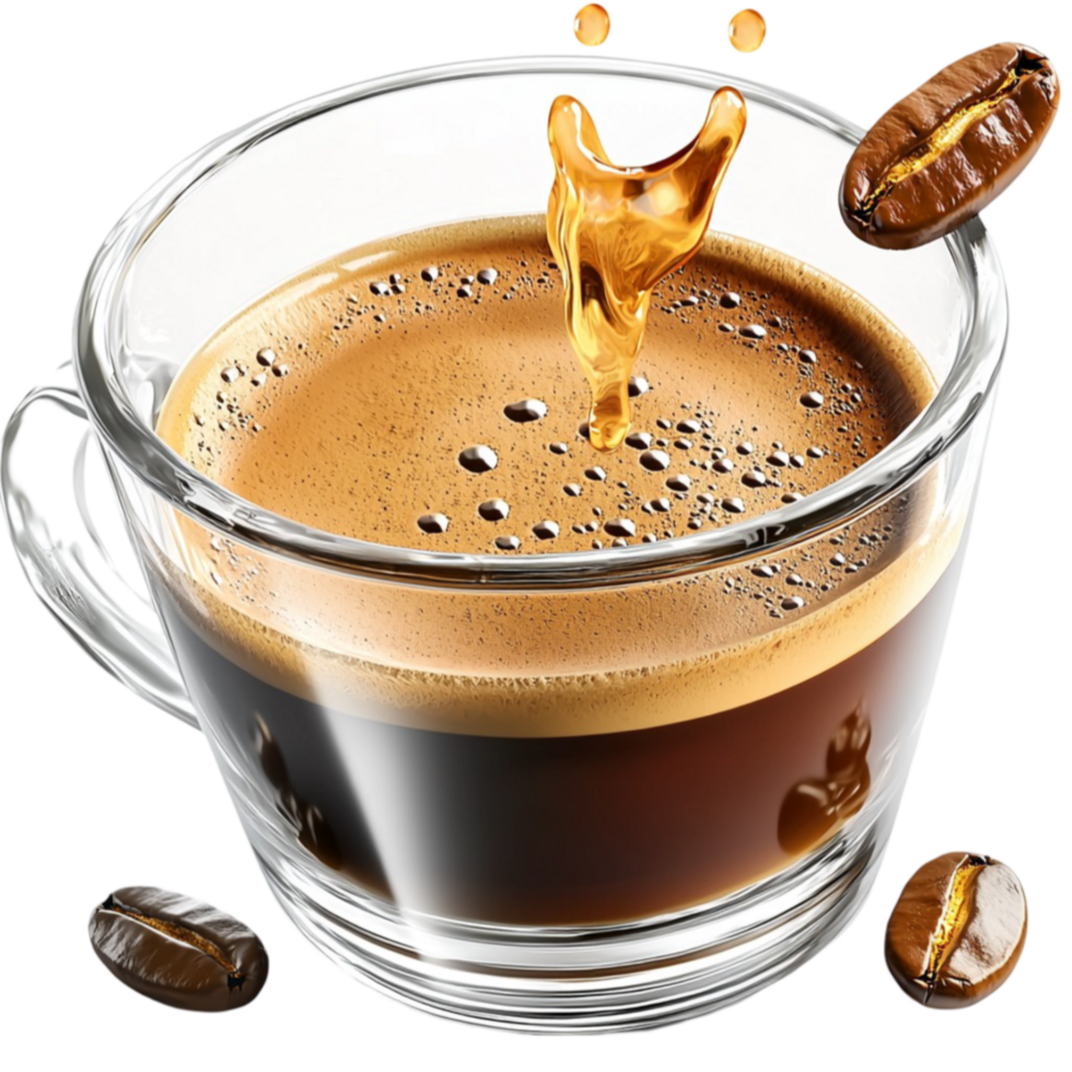 Steaming cup of espresso with a splash of coffee beans rising above png