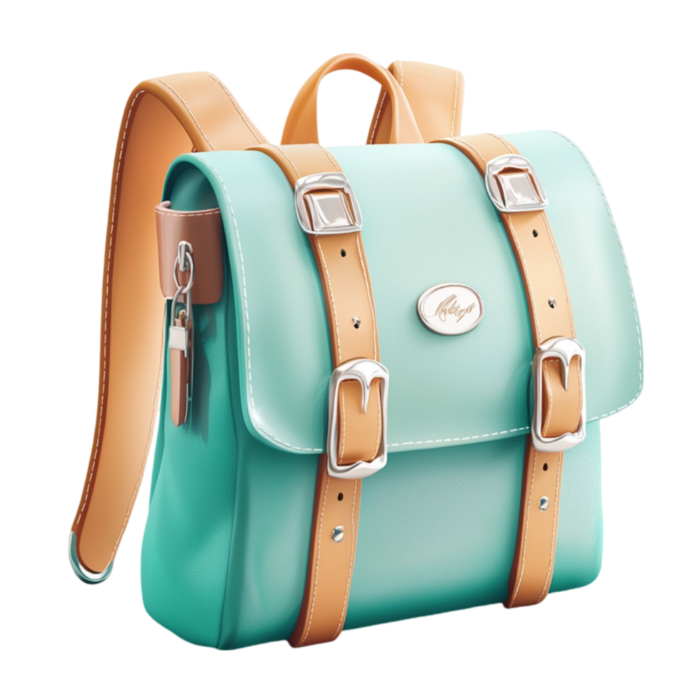 teal backpack with straps and metallic buckles stands upright png