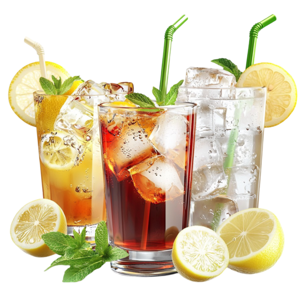 Reing iced drinks with lemon slices and mint leaves are served in crystalclear glasses png