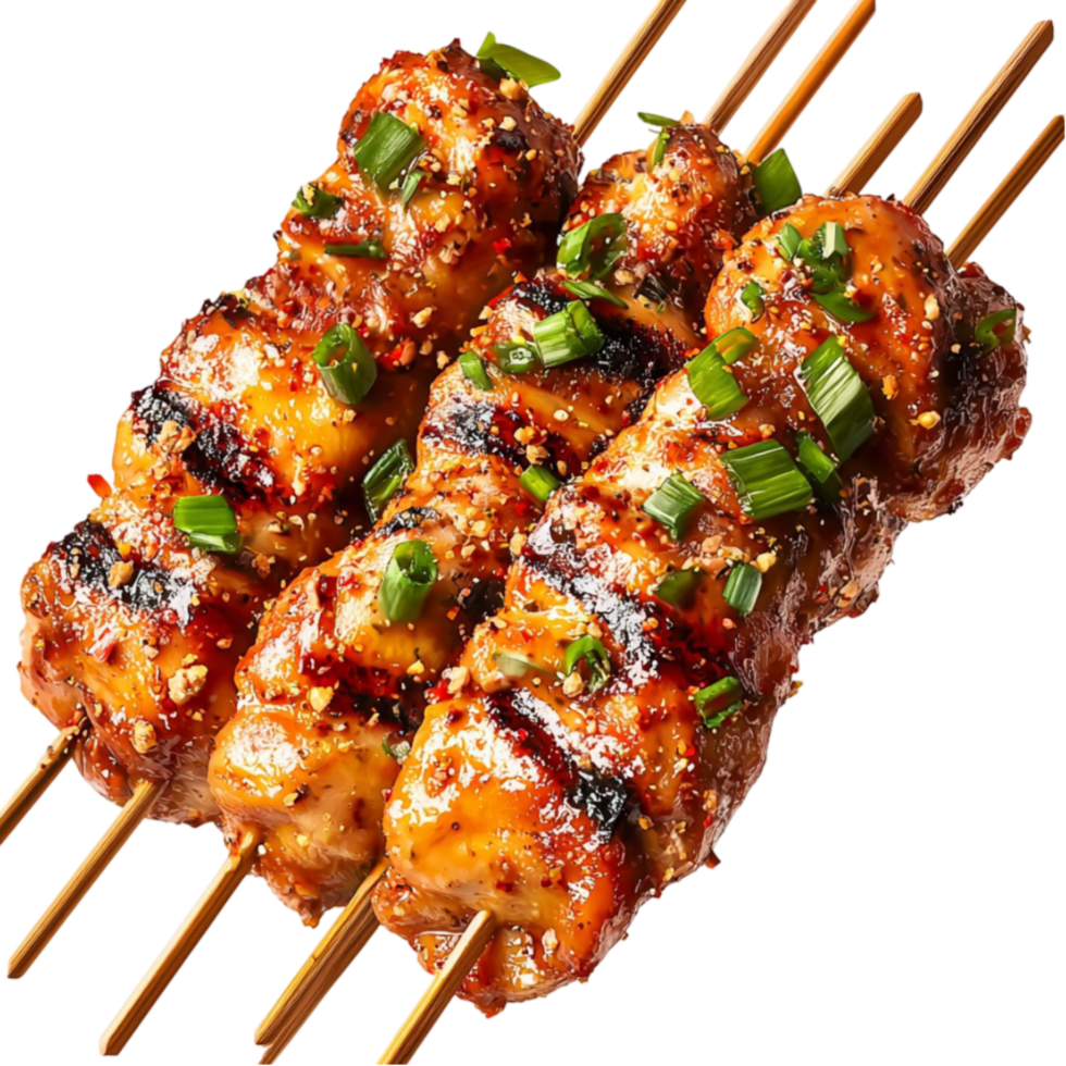 Skewers of grilled chicken glazed with sauce and sprinkled with herbs png