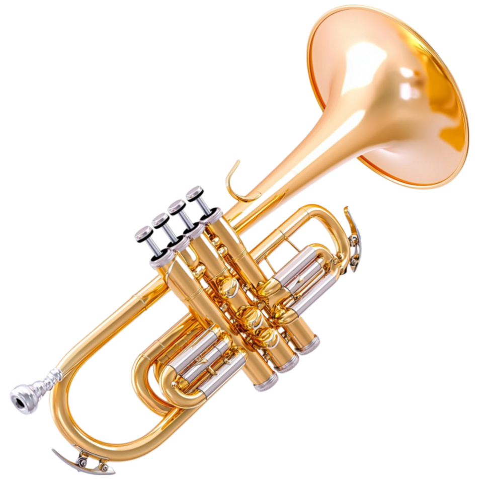 Shiny golden trumpet with intricate details and polished valves gleams in the light png