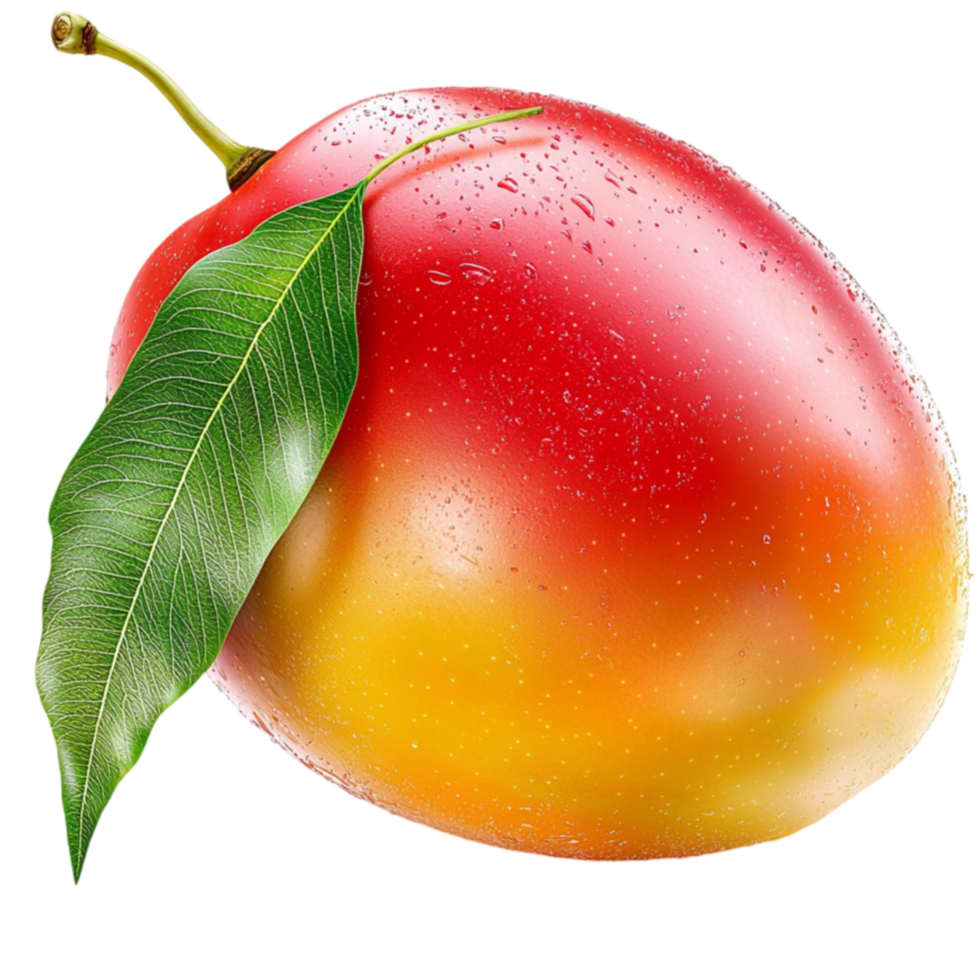 Ripe mango with a gradient of yellow and red hues and a green leaf png