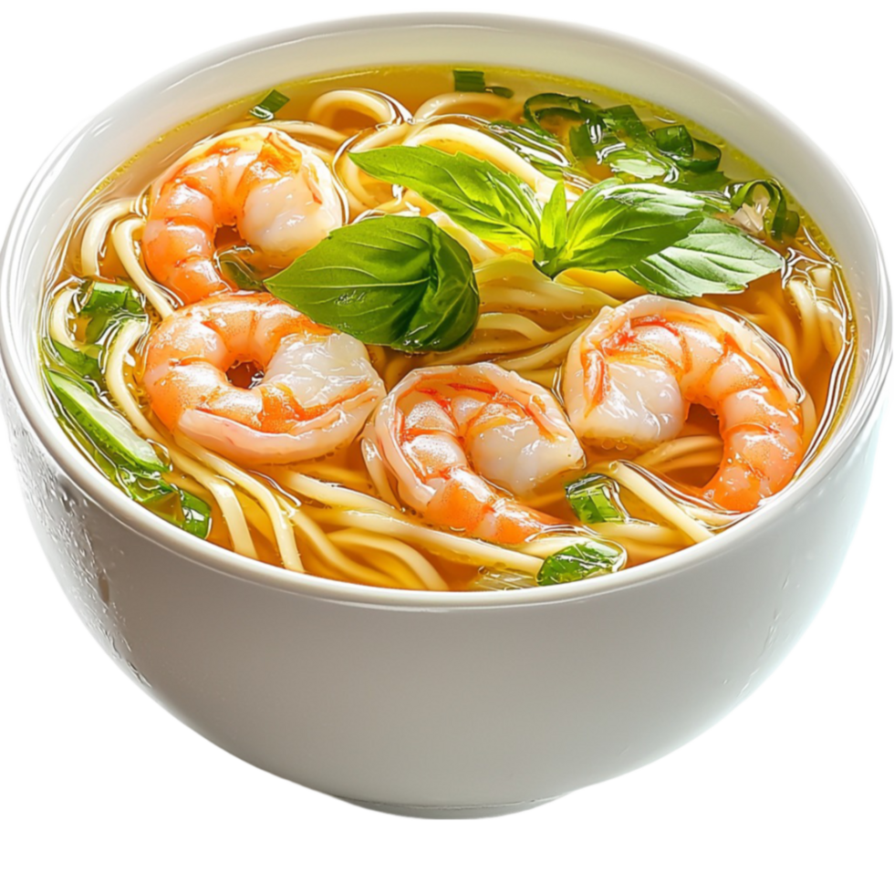 Hot bowl of shrimp noodle soup garnished with herbs and vegetables looks mouthwatering png