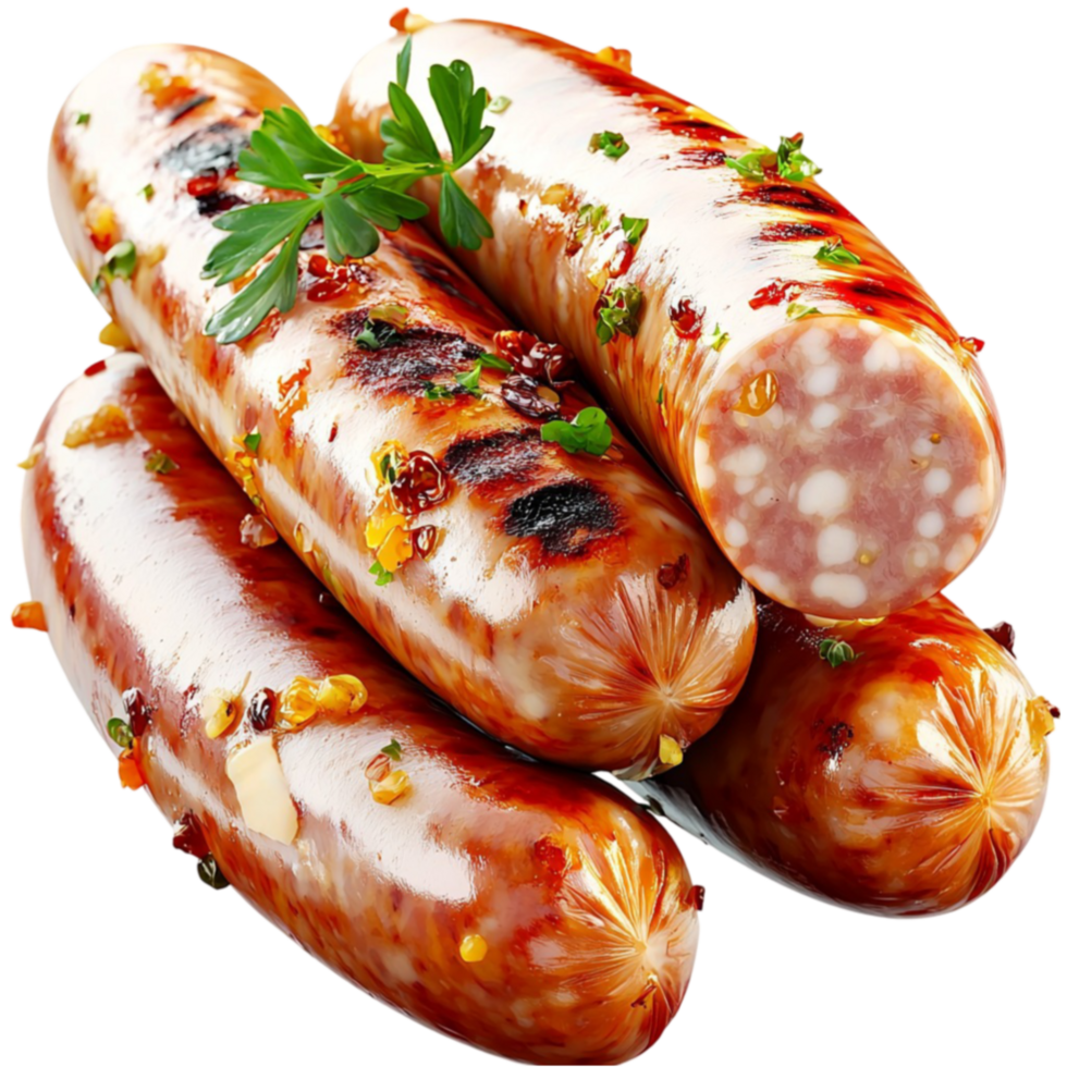 Juicy grilled sausages with a outer layer and garnished with parsley png