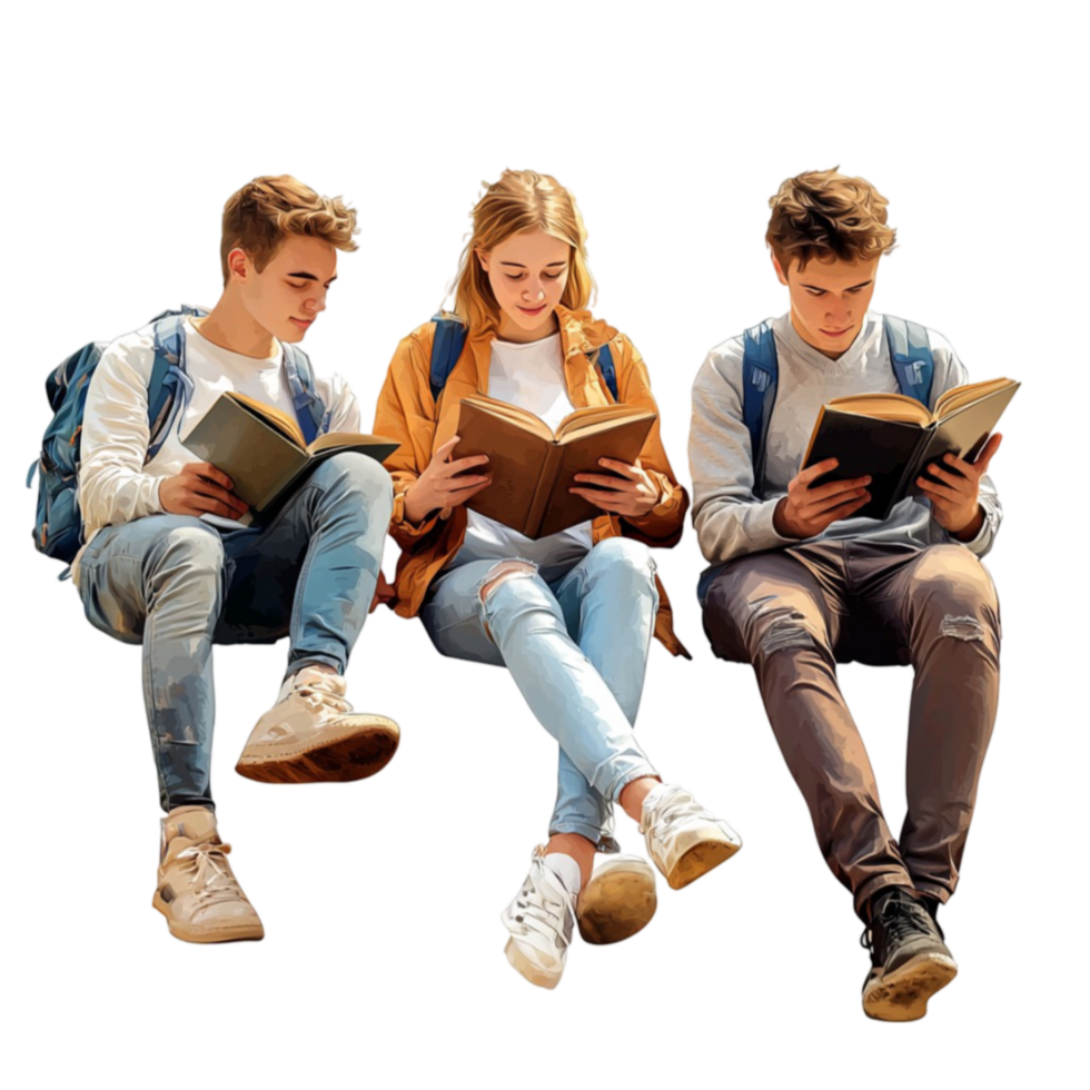 Group of three young students sitting together and reading books while engaged in learning png