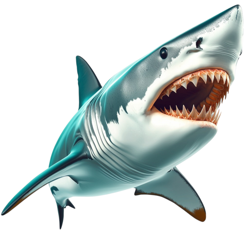 Ferocious great white shark with sharp teeth and an open mouth lunges forward png