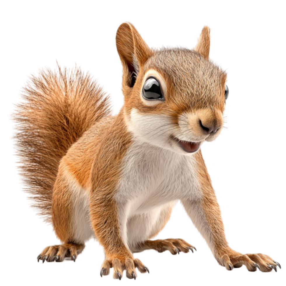 Playful squirrel with fluffy fur and eyes looks ready to jump with excitement png