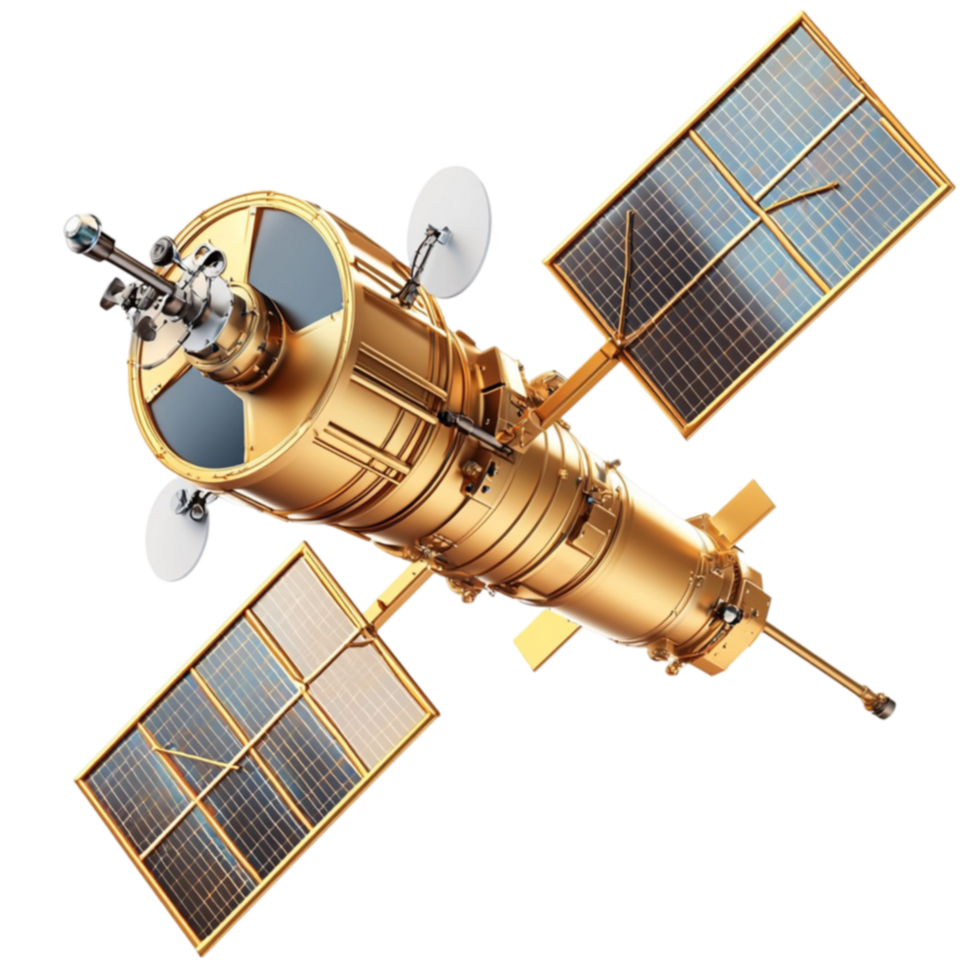 Gold satellite with large solar panels floating in outer space png