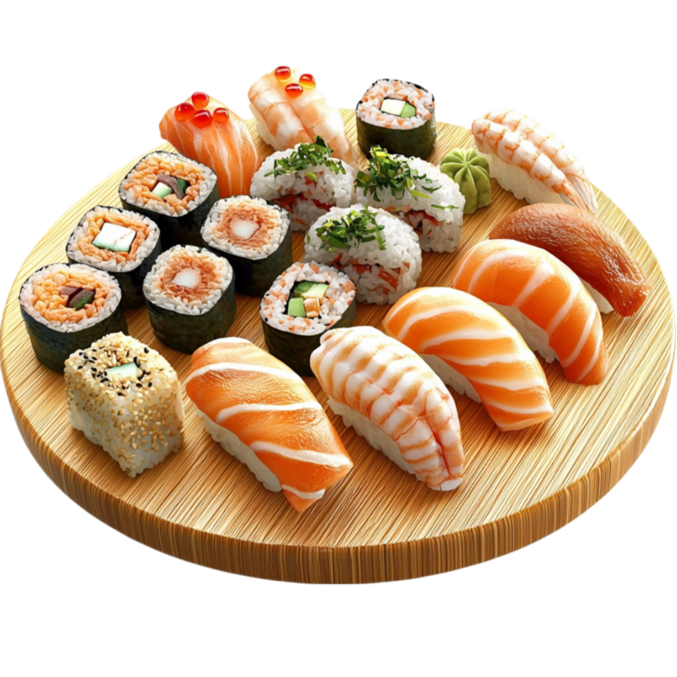 Assorted sushi platter with salmon rolls and nigiri is beautifully arranged on a wooden tray png