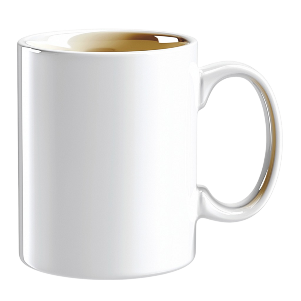 Plain white ceramic coffee mug with a curved handle filled with a warm beverage png
