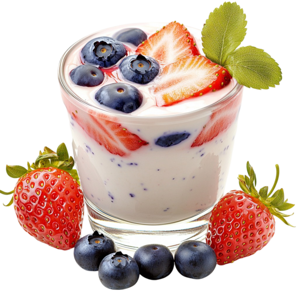 Creamy yogurt dessert topped with strawberries blueberries and a sprig of mint looks png
