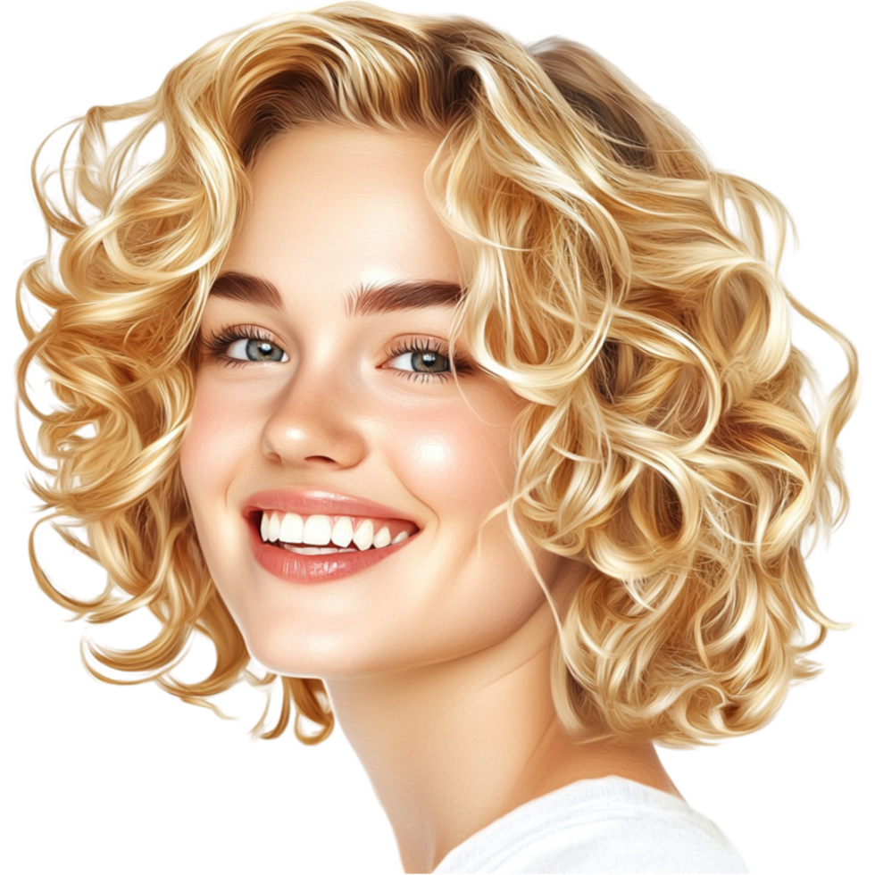 Blonde woman with curly hair and blue eyes smiling with joy png