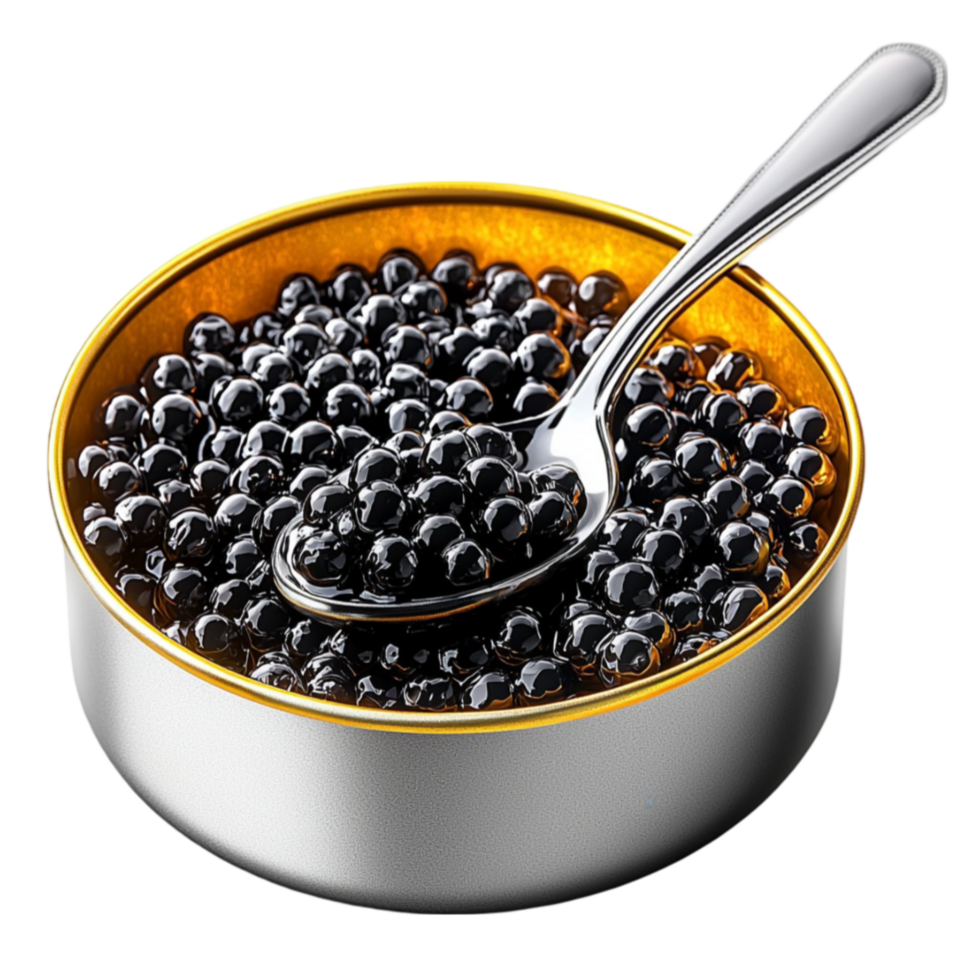 Small tin of black caviar with a silver spoon resting on top showcases luxury and dining png