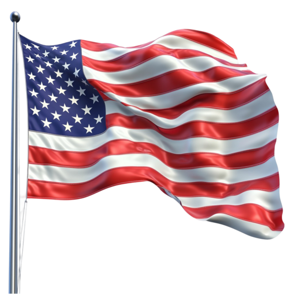Waving American flag with red and white stripes and fifty white stars on a blue field png
