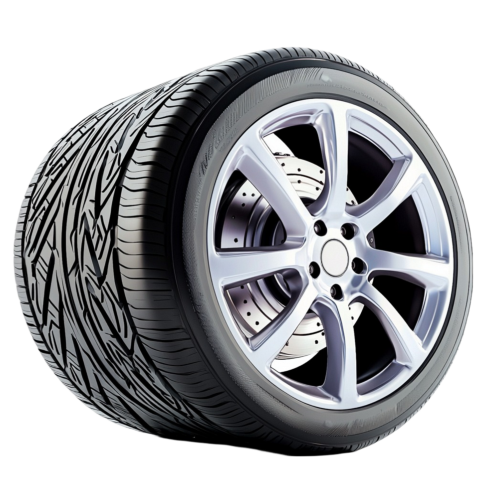 black car tire with a silver alloy rim featuring a deep tread pattern for durability png