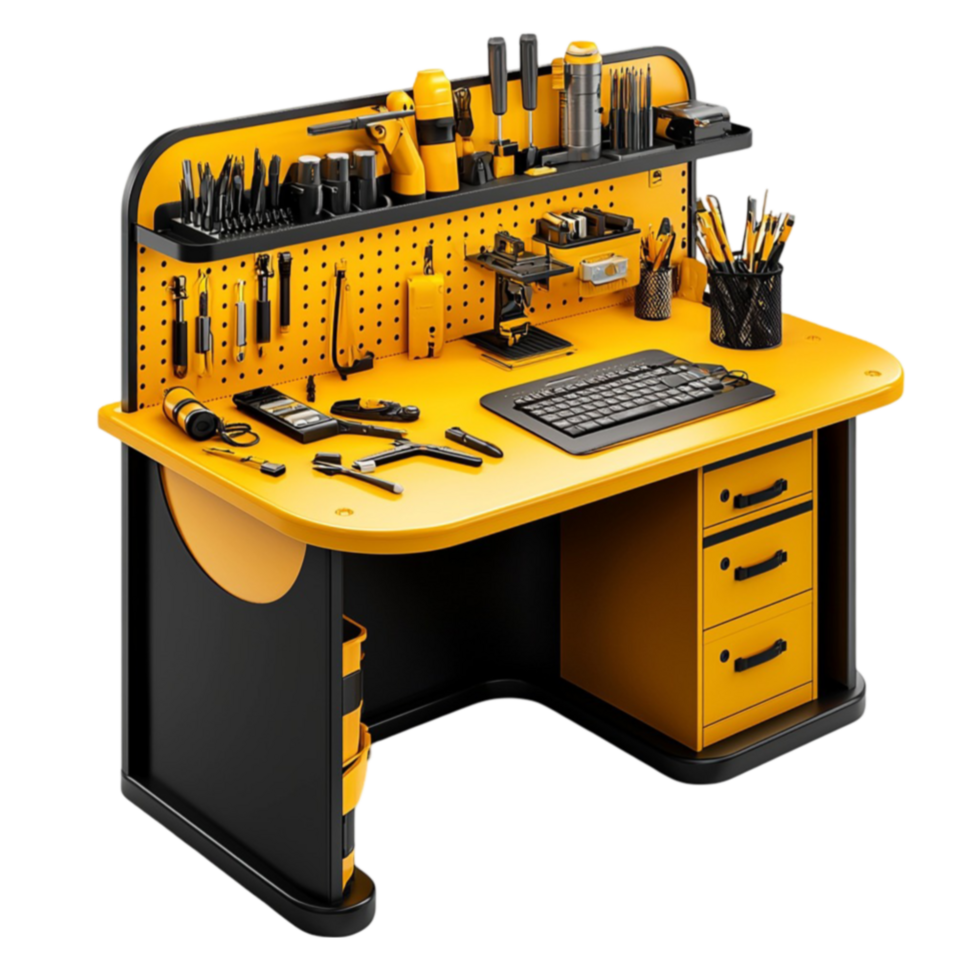Organized black and yellow workbench filled with various tools and a builtin computer png