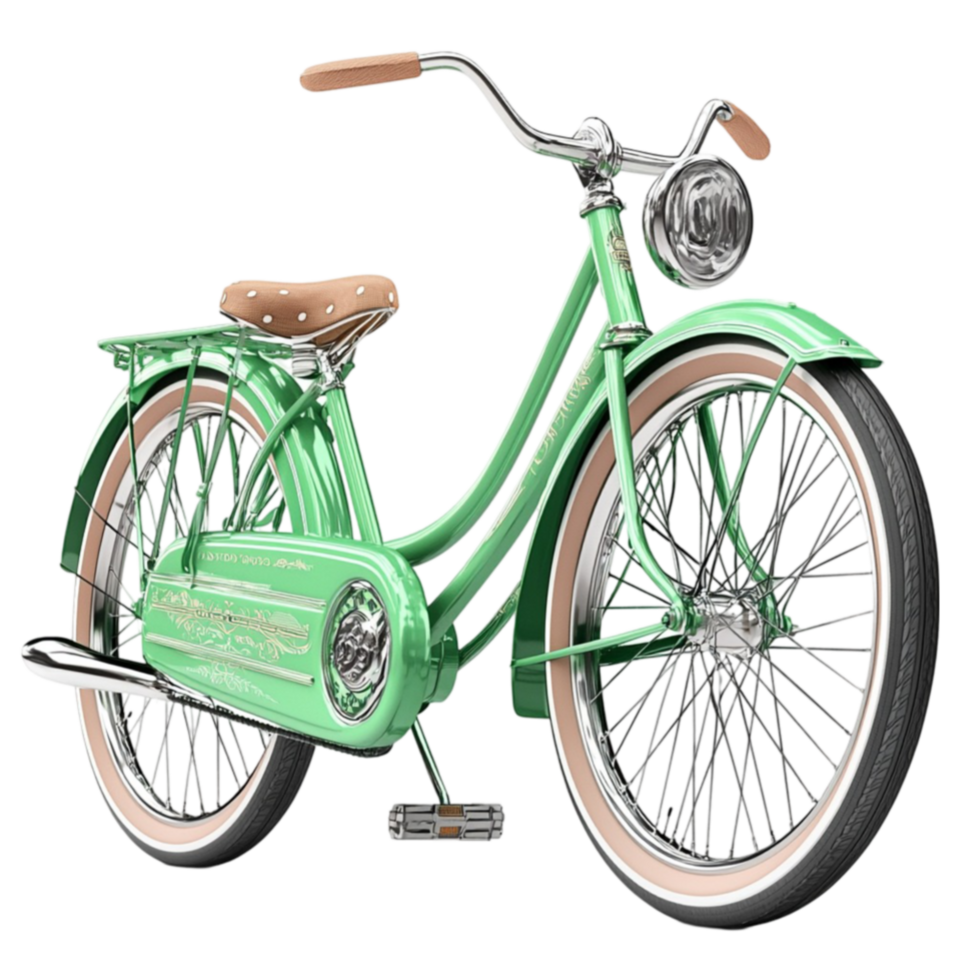green vintage bicycle with a seat and a frontmounted headlight png