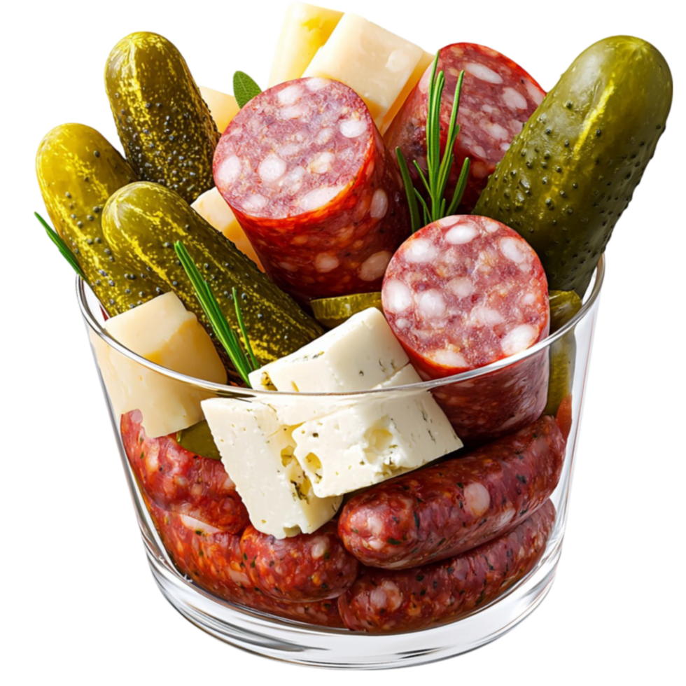 Glass filled with sliced salami pickles cheese and spicy sausages arranged for a snack png