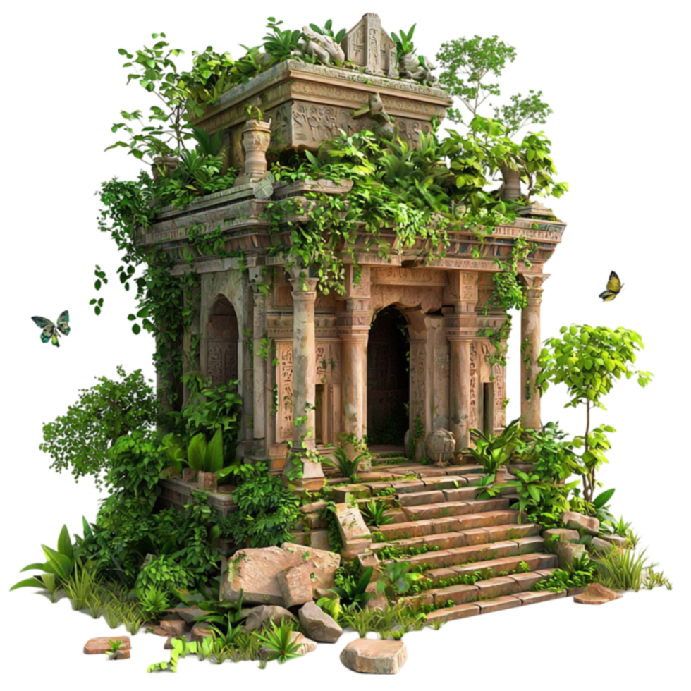 Ancient stone temple covered in lush green vines standing as a reminder of history png