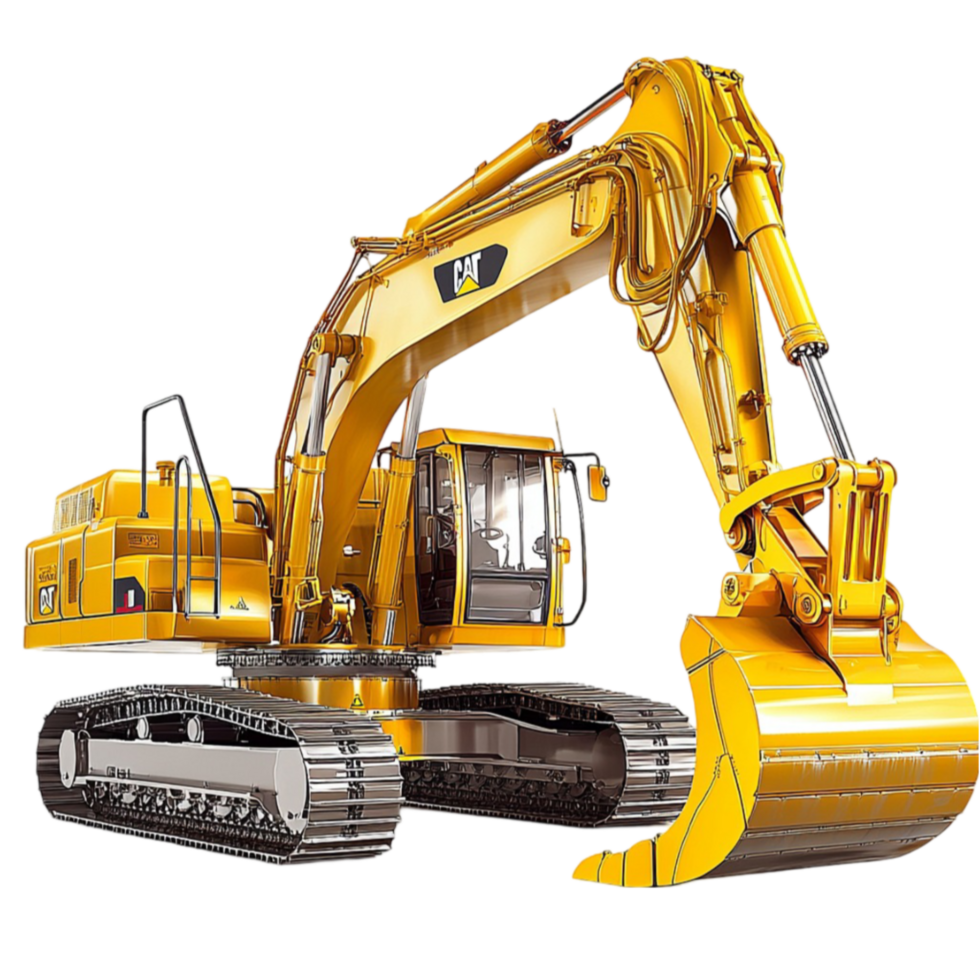 Large yellow excavator with a powerful arm and bucket designed for heavy construction work png