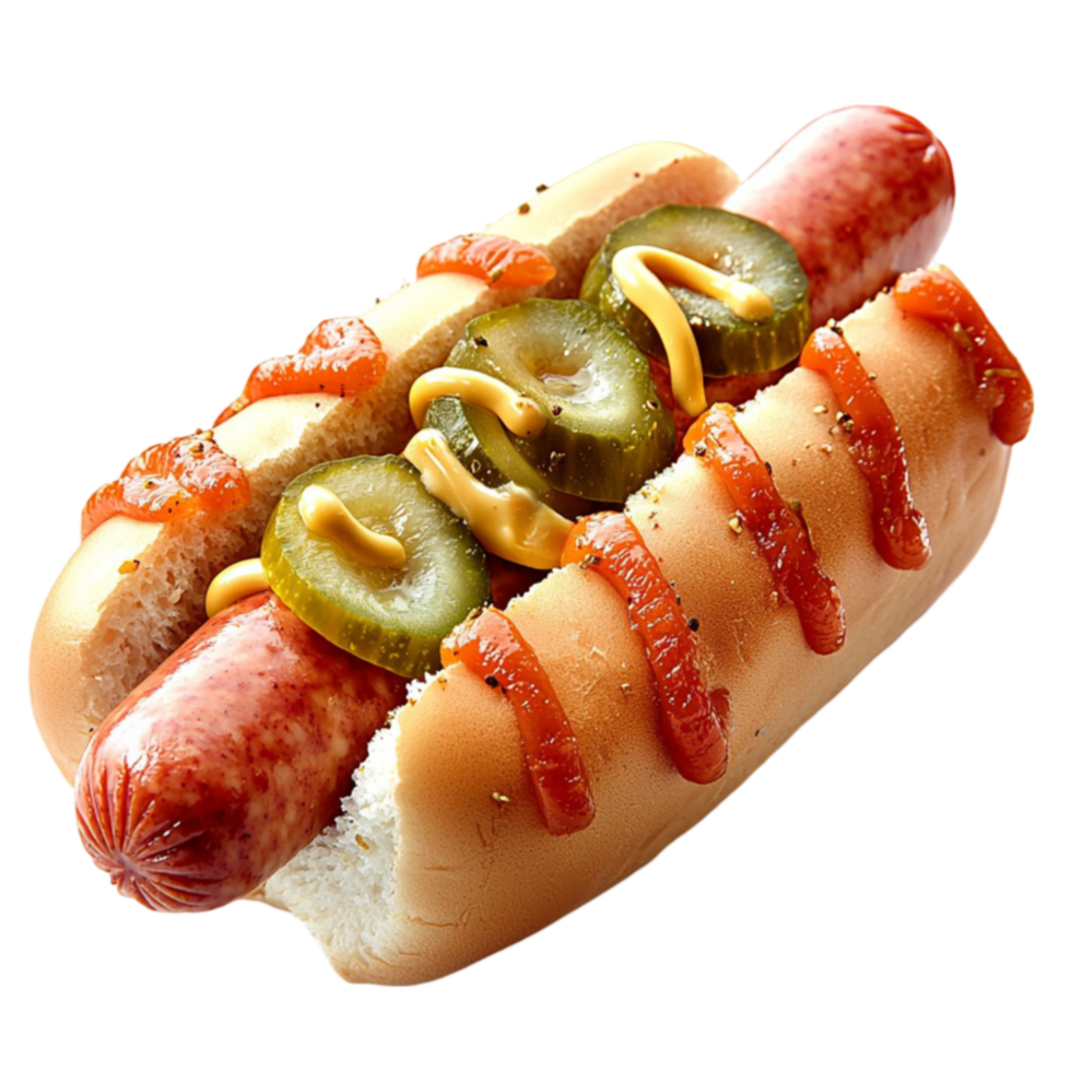 Juicy grilled hot dog in a bun topped with mustard ketchup and sliced jalapenos png