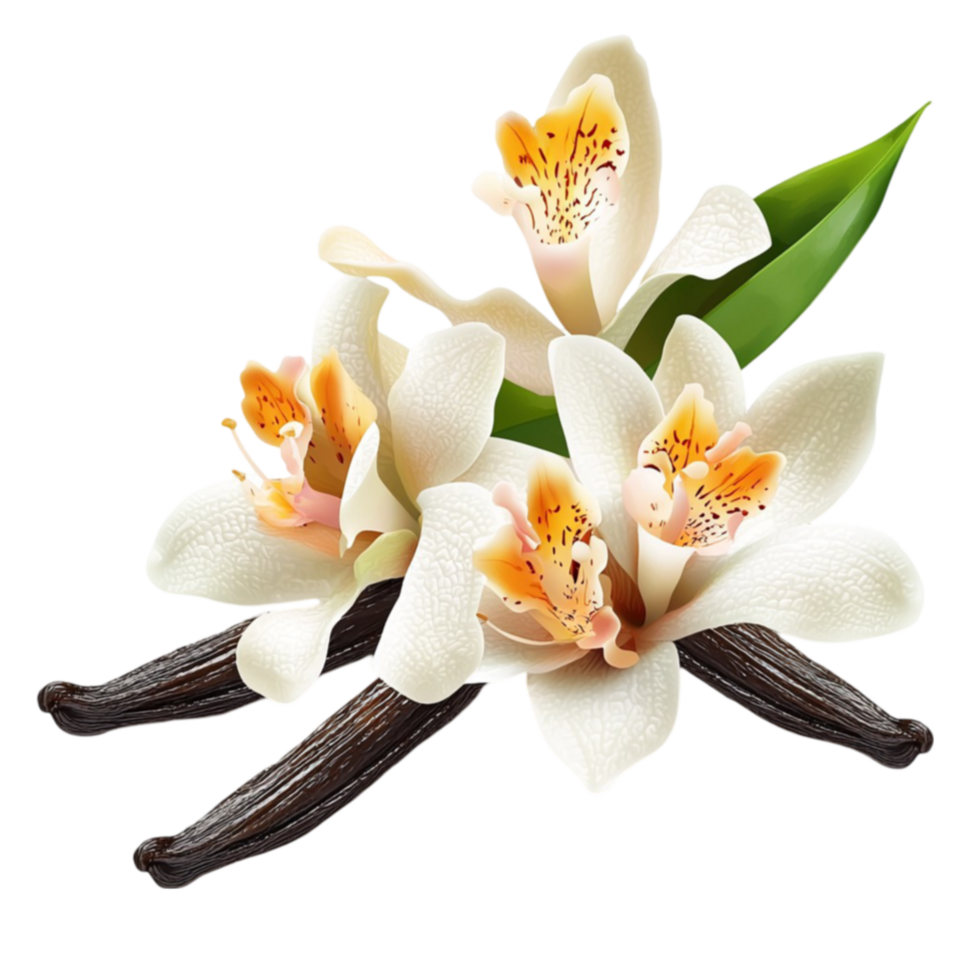 Fragrant vanilla flowers with delicate white petals blooming alongside rk vanilla pods png